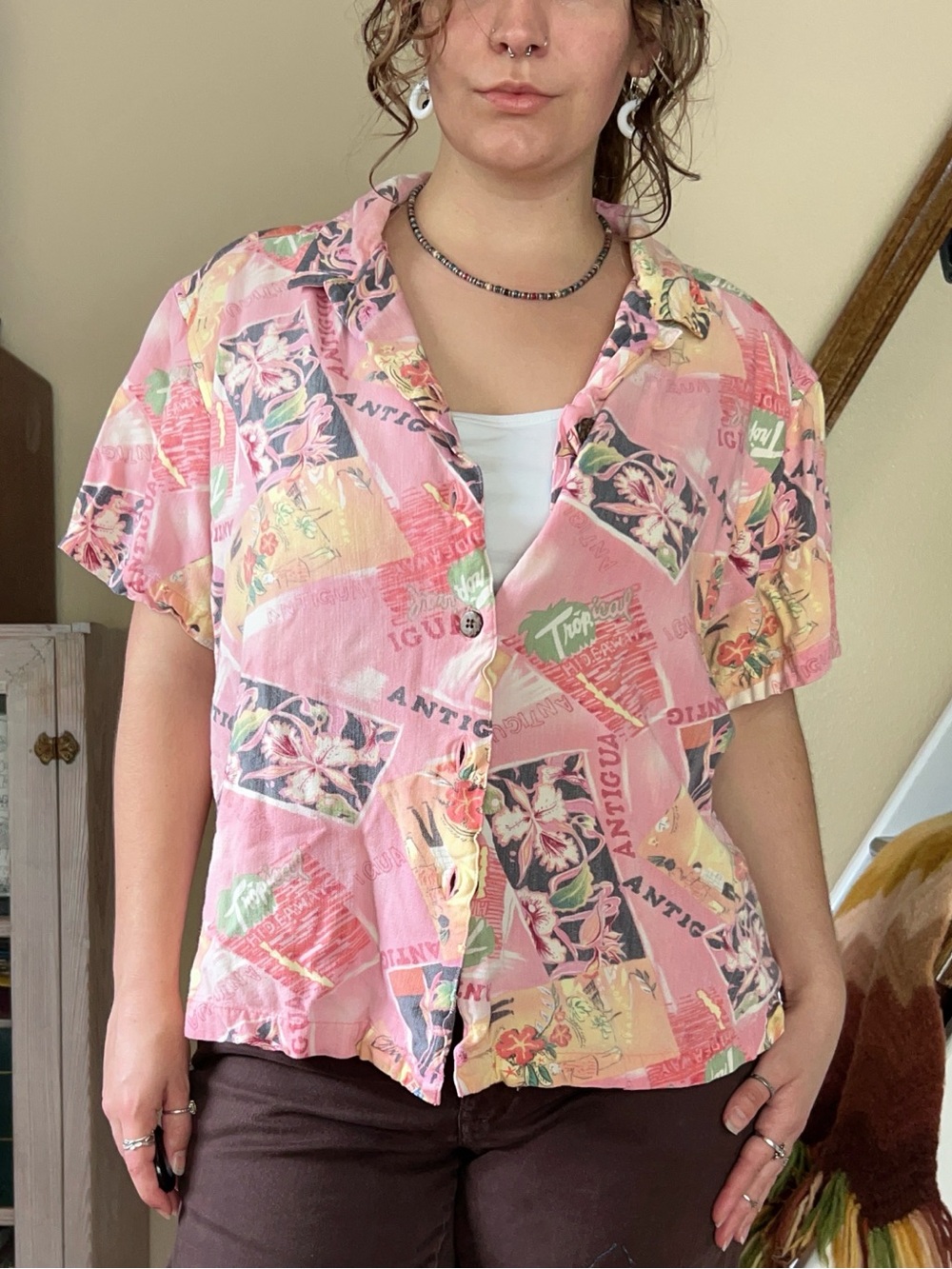 Vintage Pink Hawaiian Button Up Cropped Shirt Tropical Floral Oversized 2XL